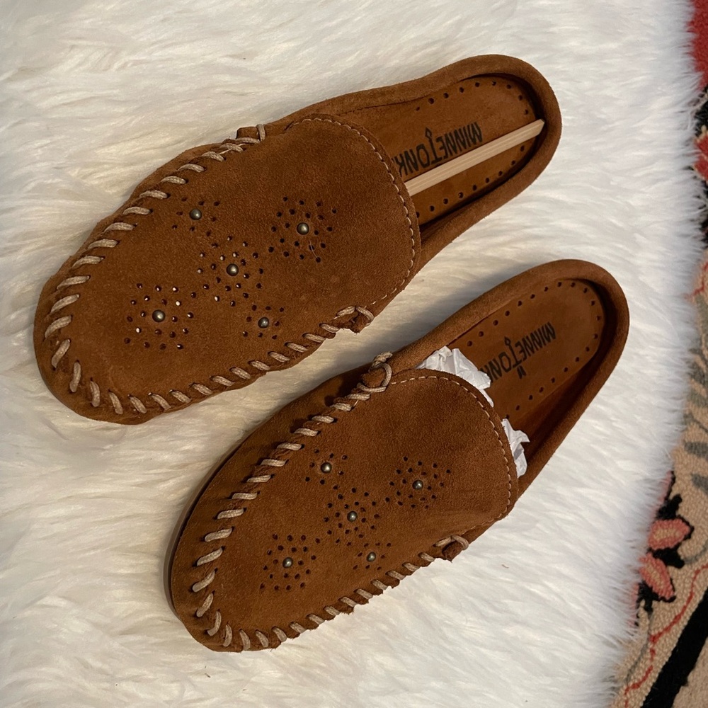 Minnetonka Tan Moccasins with White Stitching